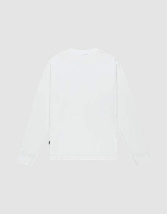 Back view of the LIVE FAST DIE YOUNG Basic Waffle Longsleeve in white oversize fit, shown against a light gray background. Features a simple, logo-free design and is crafted from soft Baumwolle for all-day comfort.