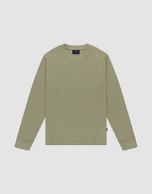 The Basic Waffle Longsleeve by LIVE FAST DIE YOUNG is a plain, light olive green, crew neck shirt with long sleeves made from soft Baumwolle, shown flat on a light gray background. | plain