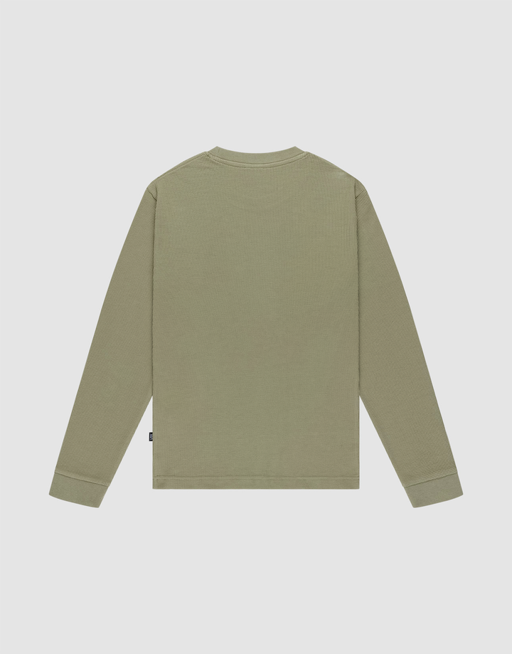 The Basic Waffle Longsleeve by LIVE FAST DIE YOUNG in olive green is displayed laid flat, back side up, against a plain light background.