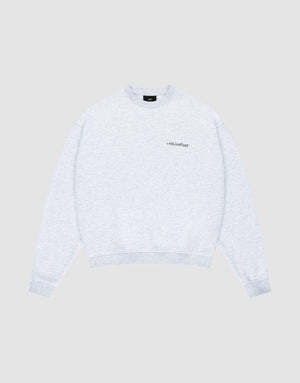 The LIVE FAST DIE YOUNG Basic +49 Chest Sweater is a light gray oversized crewneck with long sleeves and a small chestprint logo on the left, shown against a plain light gray background. | plain