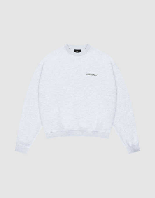 The LIVE FAST DIE YOUNG Basic +49 Chest Sweater is a light gray oversized crewneck with long sleeves and a small chestprint logo on the left, shown against a plain light gray background. | plain