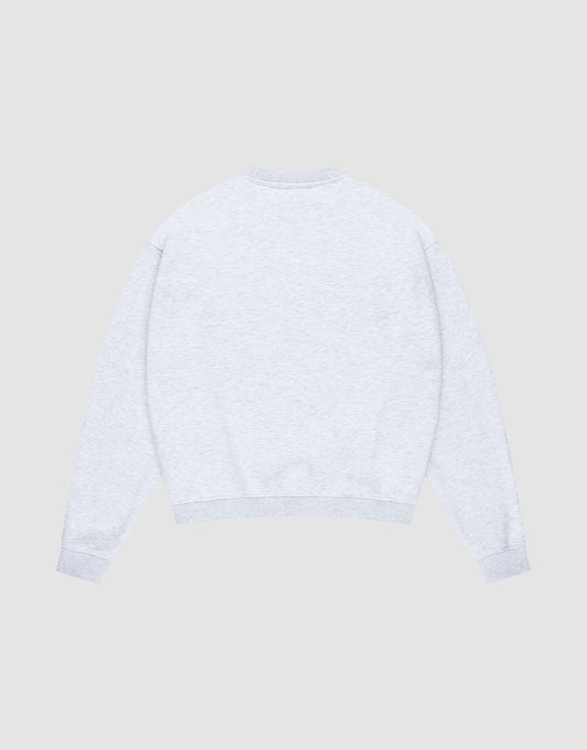 The LIVE FAST DIE YOUNG Basic +49 Chest Sweater is shown flat, back side up, against a light gray background. This oversized crewneck sweatshirt is made from soft Baumwolle and features long sleeves with ribbed cuffs and hem.
