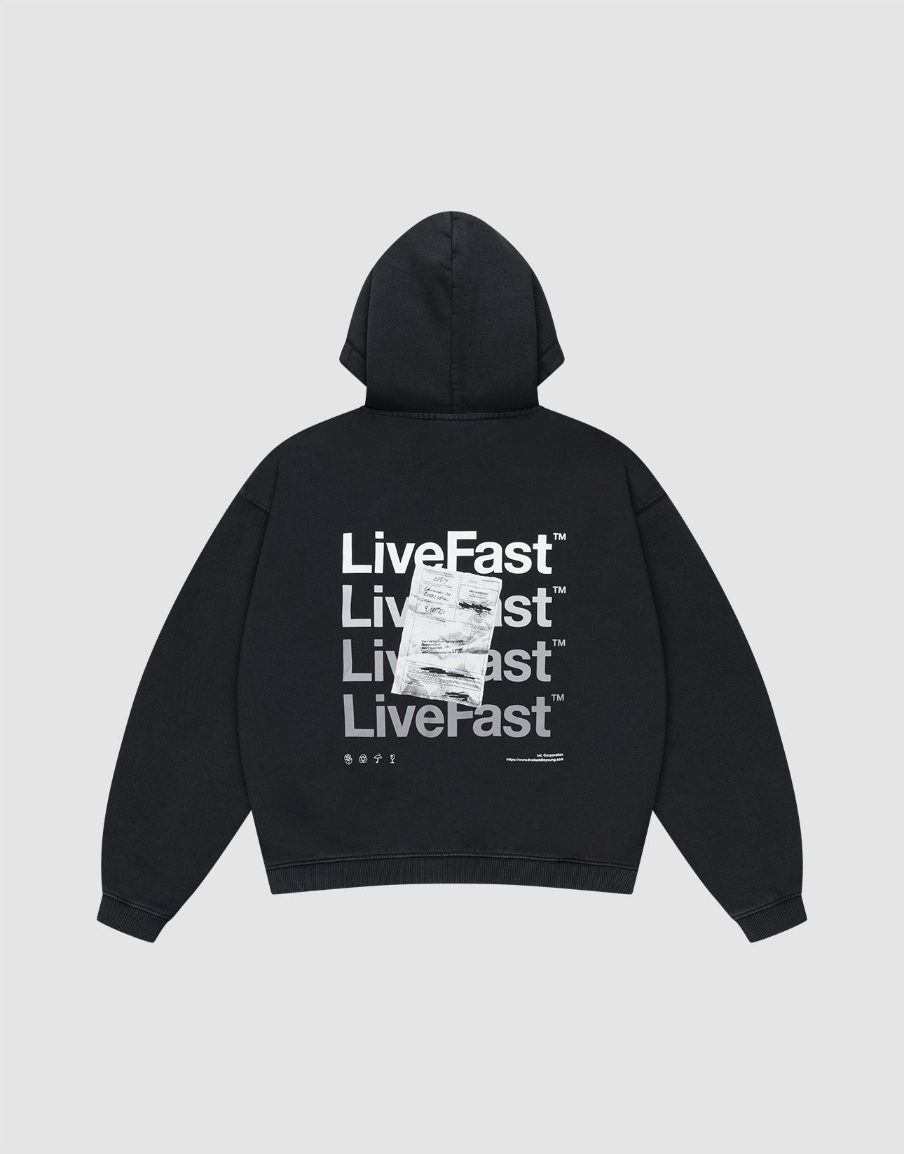 The LIVE FAST DIE YOUNG Basic Evidence Hooded Zip is a black oversized hoodie with repeated white "LiveFast™" and LFDY branding on the back, layered with a printed receipt graphic. Features a zip front and classic hood up style.