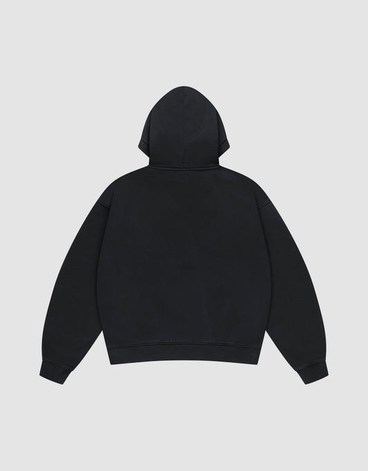 The LIVE FAST DIE YOUNG Basic Livefast Hooded sweatshirt in Oversize Fit is shown from the back with the hood up and sleeves spread out, displayed on a light gray background.