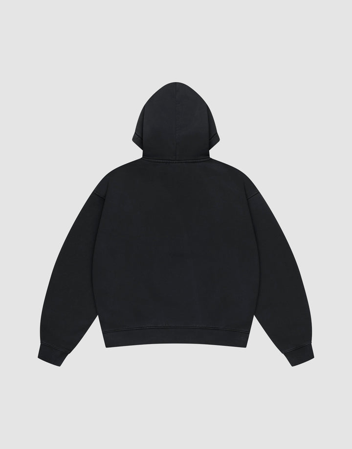 The LIVE FAST DIE YOUNG Basic Livefast Hooded sweatshirt in Oversize Fit is shown from the back with the hood up and sleeves spread out, displayed on a light gray background.