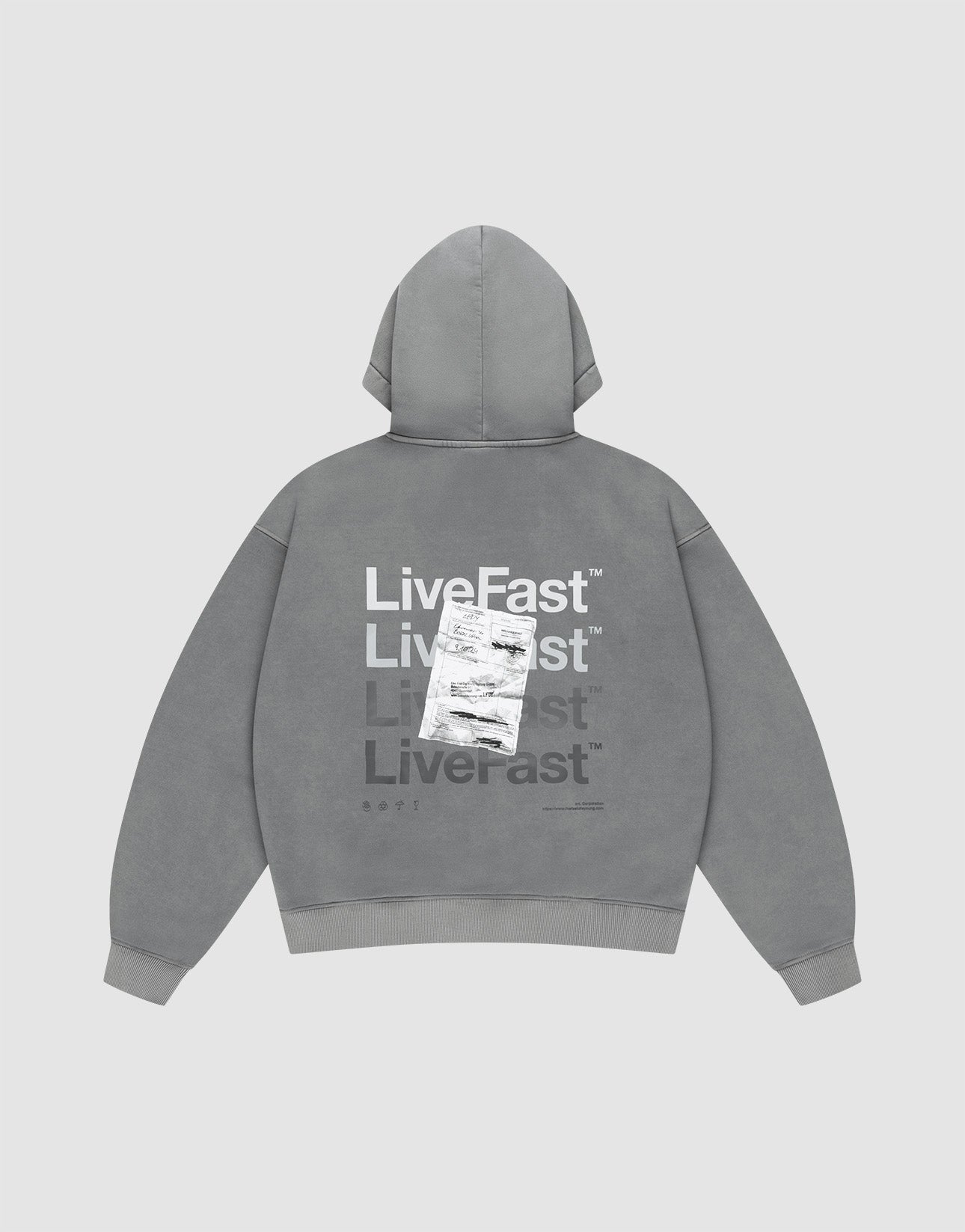 The Basic Evidence Hooded by LIVE FAST DIE YOUNG features an oversize fit, faded gray fabric, and bold “Live Fast” prints in white and gray on the back, with a shipping label graphic. The background is plain light gray.