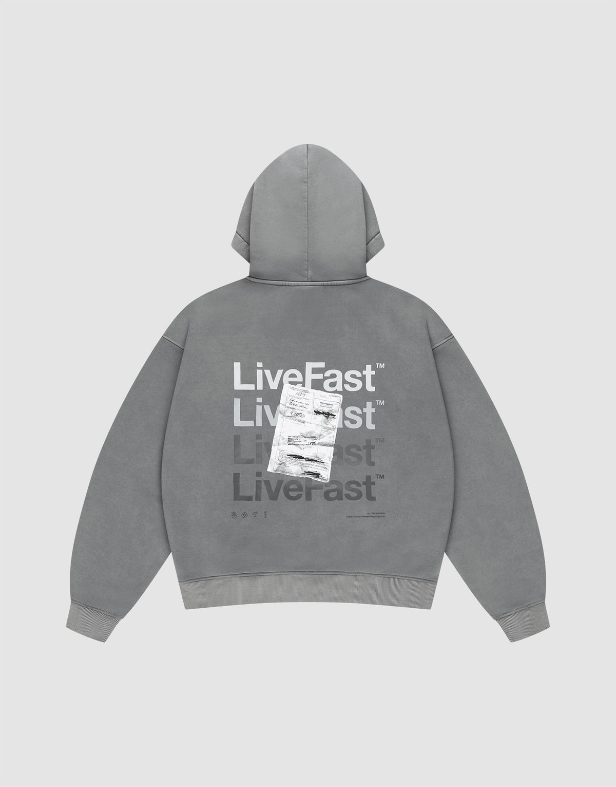 The Basic Evidence Hooded by LIVE FAST DIE YOUNG features an oversize fit, faded gray fabric, and bold “Live Fast” prints in white and gray on the back, with a shipping label graphic. The background is plain light gray. | plain