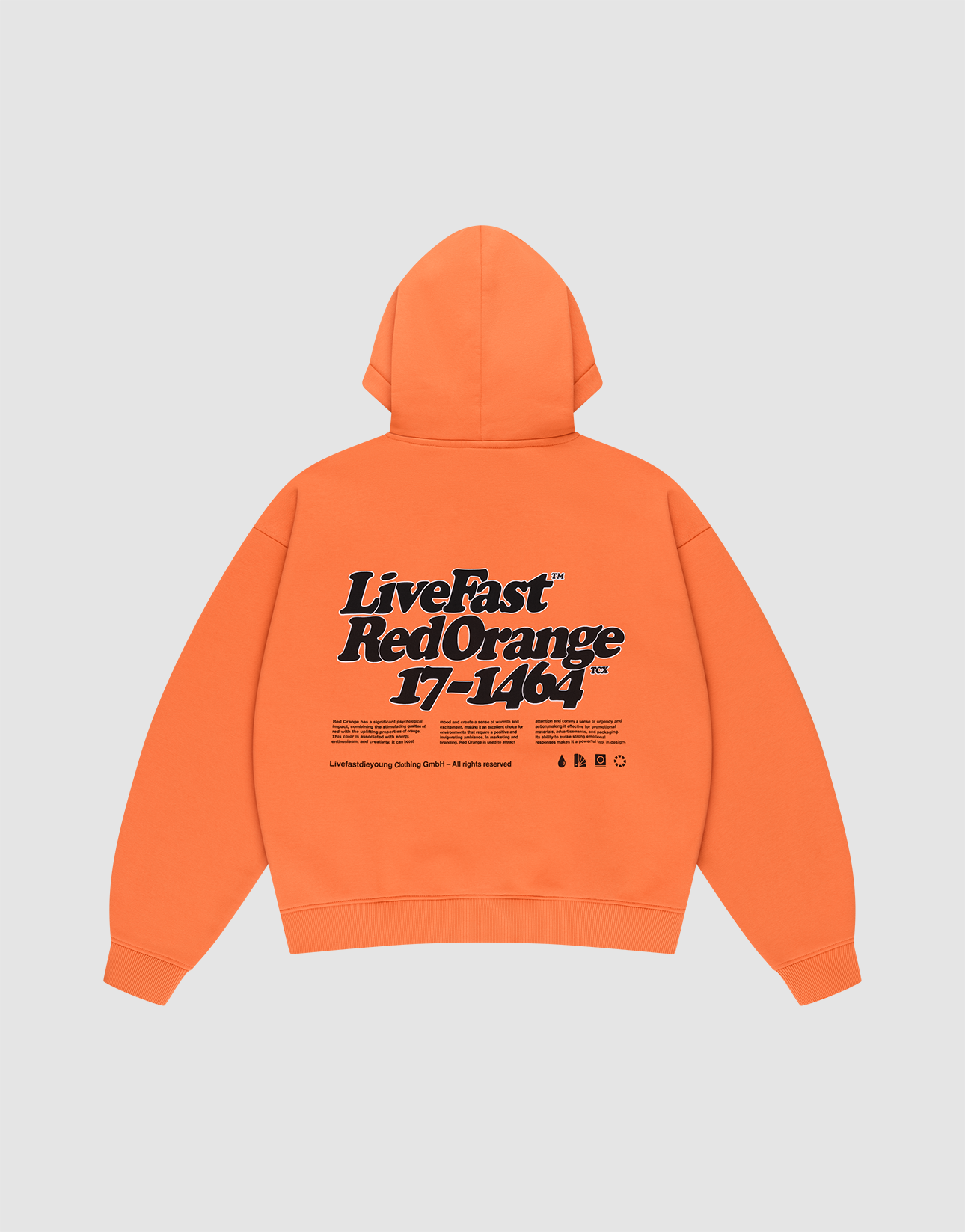 Oversized Basic Orange Hooded by LIVE FAST DIE YOUNG, shown flat to display bold black Front- and Backprint: “LiveFast™ RedOrange 17–14%.” Made from cotton-poly blend with extra text and logos near the hem.