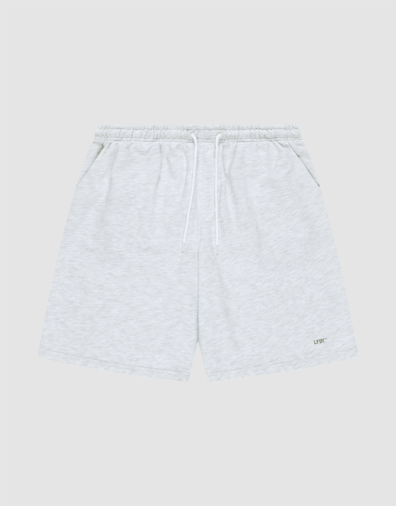 LIVE FAST DIE YOUNG Basic Shorts in light gray feature a logo-print on the lower left leg, elastic waistband with white drawstring, side pockets, and a regular fit. Displayed on a plain gray background.