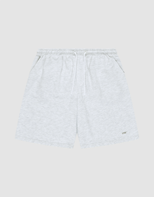 LIVE FAST DIE YOUNG Basic Shorts in light gray feature a logo-print on the lower left leg, elastic waistband with white drawstring, side pockets, and a regular fit. Displayed on a plain gray background. | plain
