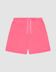 LIVE FAST DIE YOUNG Basic Shorts in bright pink feature an elastic waistband, white drawstrings, side pockets, and a small white “LUFT” logo near the hem, displayed flat on a light gray background for a sporty look. | plain