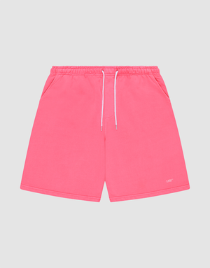 LIVE FAST DIE YOUNG Basic Shorts in bright pink feature an elastic waistband, white drawstrings, side pockets, and a small white “LUFT” logo near the hem, displayed flat on a light gray background for a sporty look. | plain