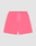 LIVE FAST DIE YOUNG Basic Shorts in bright pink feature an elastic waistband, white drawstrings, side pockets, and a small white “LUFT” logo near the hem, displayed flat on a light gray background for a sporty look.