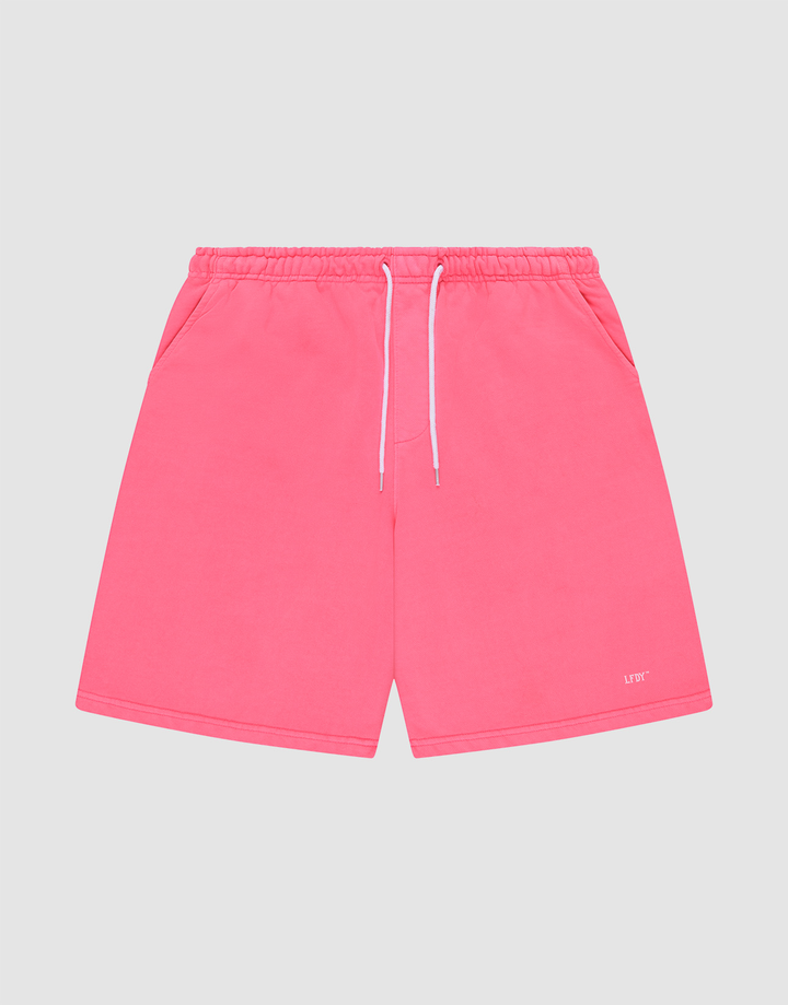LIVE FAST DIE YOUNG Basic Shorts in bright pink feature an elastic waistband, white drawstrings, side pockets, and a small white “LUFT” logo near the hem, displayed flat on a light gray background for a sporty look. | plain