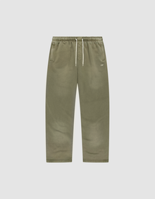 The Basic Wide Jogger by LIVE FAST DIE YOUNG features an olive green wide fit, elastic waistband, white drawstring, side pockets, and a minimal logo on the left pocket. Shown on a plain white background for a clean presentation. | plain