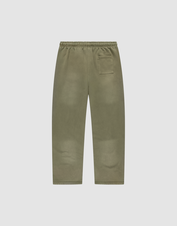 The LIVE FAST DIE YOUNG Basic Wide Jogger is an olive green, wide fit straight-leg pant with an elastic waistband, single back pocket, and subtle faded look, shown flat against a plain white background.
