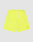 Basic Shorts by LIVE FAST DIE YOUNG in neon yellow, feature an elastischer Bund, white drawstring, side pockets, regular fit, and a small LFTD logo-print near the hem. Displayed on a light grey background.