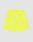 The LIVE FAST DIE YOUNG Basic Shorts are bright yellow with a regular fit, an elastic waistband, and a single back right patch pocket, shown flat on a plain light gray background.