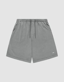 LIVE FAST DIE YOUNG Basic Shorts in gray with a faded finish feature an elastic waistband, side pockets, and a small white LIFY logo on the lower left leg, shown against a plain light background. | plain