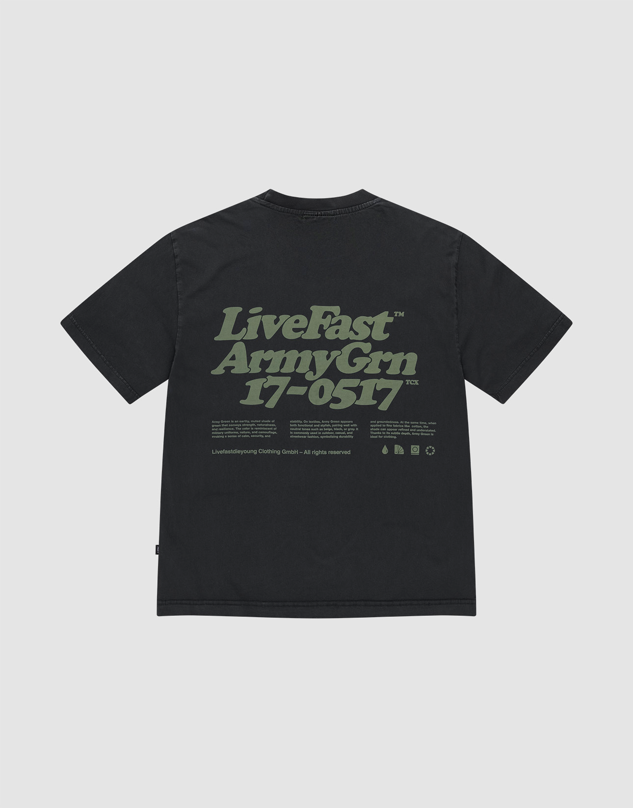 The LIVE FAST DIE YOUNG Basic 210 Tee is a black oversize fit shirt in 100% Baumwolle, featuring large green “LiveFast ArmyGrn 17-0517” text on the back plus extra small front and back prints with symbols.