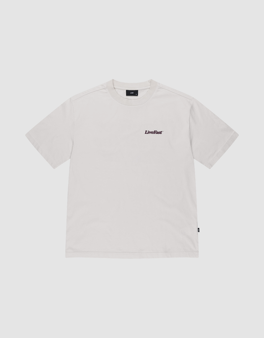 The Basic 210 Tee by LIVE FAST DIE YOUNG is a plain white short-sleeve crew neck t-shirt made from 100% Baumwolle, featuring small black "LiveFast" text on the left chest with no other designs or patterns.