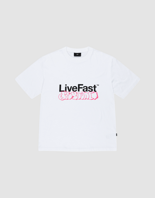 The Basic Live Fast Graffiti Tee by LIVE FAST DIE YOUNG is a white regular-fit t-shirt crafted from 100% Baumwolle, featuring a bold black "LiveFast" front print and a pink abstract graphic centered on the chest. | plain