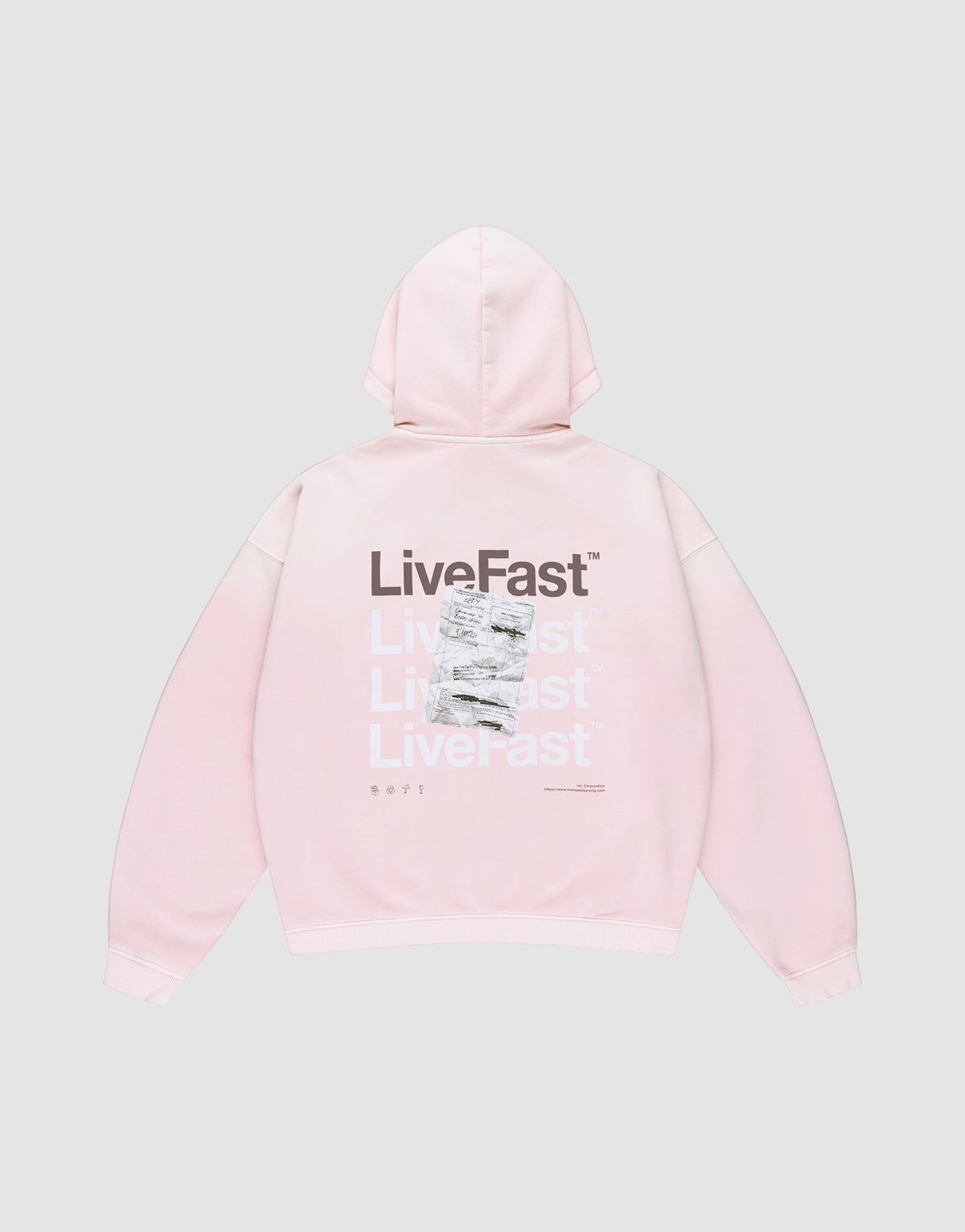 The Basic Evidence Hooded Zip by LIVE FAST DIE YOUNG is a light pink oversized hoodie with “LiveFast” in white and gray on the back, black “LiveFast” at the top, LFDY branding, and a crumpled graphic layered over part of the text. | plain