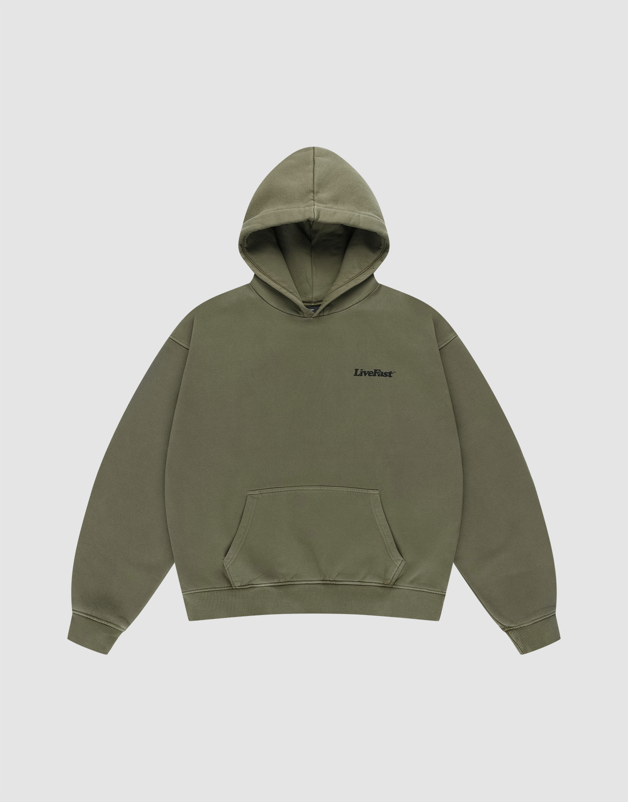 The Basic 360 Hooded by LIVE FAST DIE YOUNG is an olive green, oversized hoodie with a front pouch pocket and "LiveFast" embroidered in black on the left chest, shown flat on a light gray background with neat topstitching.