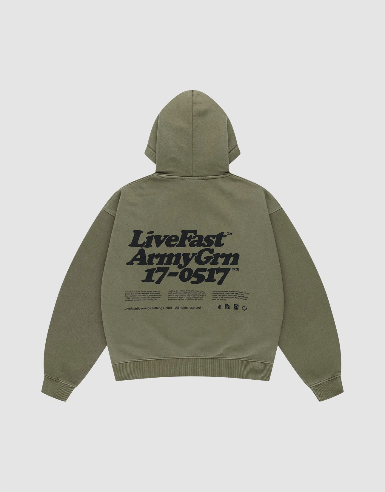 The Basic 360 Hooded by LIVE FAST DIE YOUNG in olive green features an oversized fit, bold black "LiveFast ArmyGrn 17-0517" text on the back, icon Front- und Backprint near the hem, and premium visible topstitching. | plain