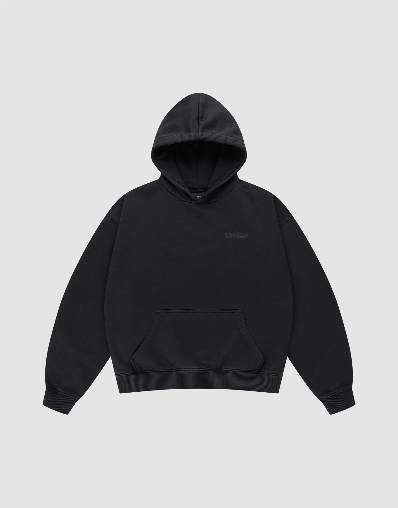 The LIVE FAST DIE YOUNG Basic 360 Hooded is a black cotton oversize fit sweatshirt with long sleeves and a front pocket, shown on a light gray background.