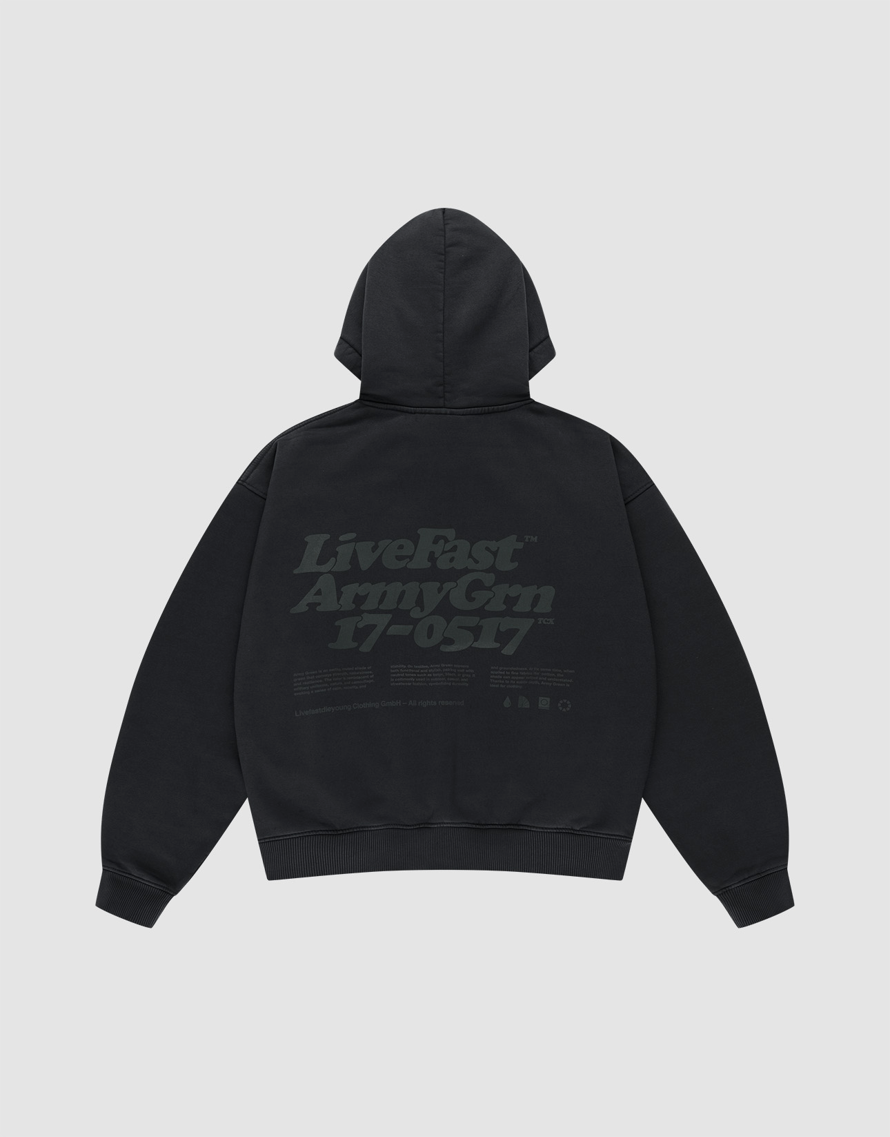 The LIVE FAST DIE YOUNG Basic 360 Hooded is a black cotton sweatshirt in oversize fit, flat-laid with the back facing up. The back features a large dark gray "LiveFast ArmyGrn 17-0517" print and smaller details underneath.