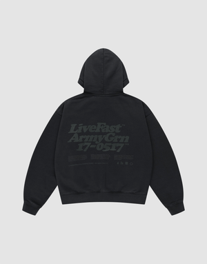The LIVE FAST DIE YOUNG Basic 360 Hooded is a black cotton sweatshirt in oversize fit, flat-laid with the back facing up. The back features a large dark gray "LiveFast ArmyGrn 17-0517" print and smaller details underneath. | plain