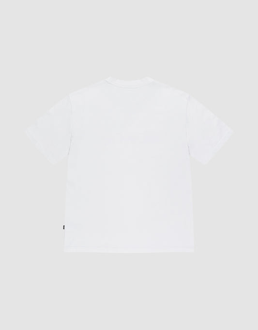 The LIVE FAST DIE YOUNG Basic +49 Tee is an oversize fit, plain white short-sleeve T-shirt made from 100% Baumwolle, shown from the back against a light gray background for comfort and breathability.