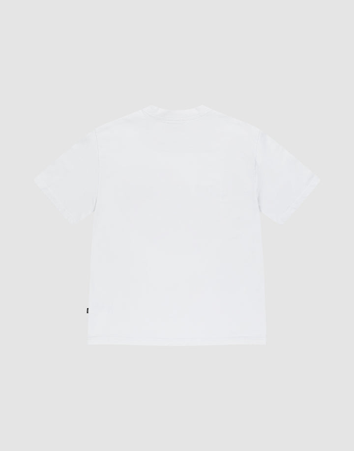 The Basic +49 Tee by LIVE FAST DIE YOUNG is an oversized, plain white short-sleeve T-shirt, shown from the back against a light gray background.