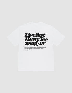 A white Basic 280 Tee by LIVE FAST DIE YOUNG in an oversize fit, made from 100% cotton, features bold black front and back "Live Fast Heavy Tee 280g/m²" prints with smaller text and laundry care symbols underneath. | plain