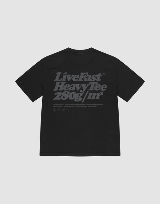 The Basic 280 Tee by LIVE FAST DIE YOUNG is a black oversized t-shirt made from 100% cotton, featuring bold gray "Live Fast Heavy Tee 280g/m²" backprint with smaller text/icons, plus prints on both sides. Shown on a light gray background. | plain