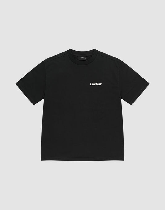 The LIVE FAST DIE YOUNG Basic 280 Tee is a plain black cotton short-sleeve t-shirt with a small white LiveFast logo on the upper left chest, shown against a light gray background.