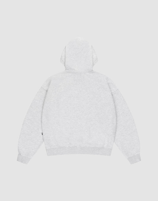 The LIVE FAST DIE YOUNG Basic Blank Hooded, shown laid flat, is an oversized light gray sweatshirt with long sleeves and a relaxed fit. Made from soft Baumwolle, it features no visible logos or designs on the back.
