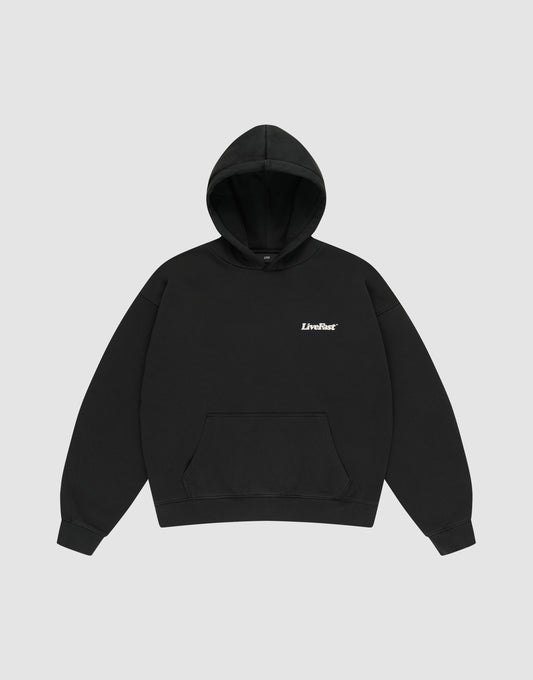 The Basic 360 Hooded by LIVE FAST DIE YOUNG is a plain black oversize fit sweatshirt made of soft cotton, featuring a front pocket and "LiveFast" in small white text on the left chest, shown on a light gray background.