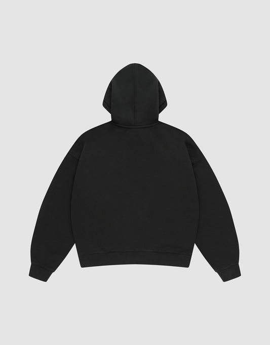 The LIVE FAST DIE YOUNG Basic Blank Hooded sweatshirt, in an oversize fit and made from Baumwolle Polyester, is shown flat against a light gray background with the hood up and sleeves spread out, displaying the back view.