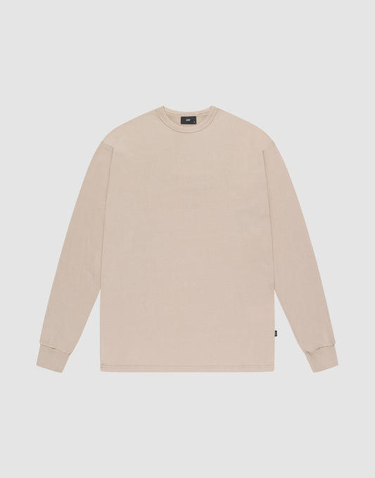 The LIVE FAST DIE YOUNG Basic Regular Rib Longsleeve in plain beige features a crewneck, long sleeves, regular fit, and ribbed cuffs, shown laid flat on a white background. | plain