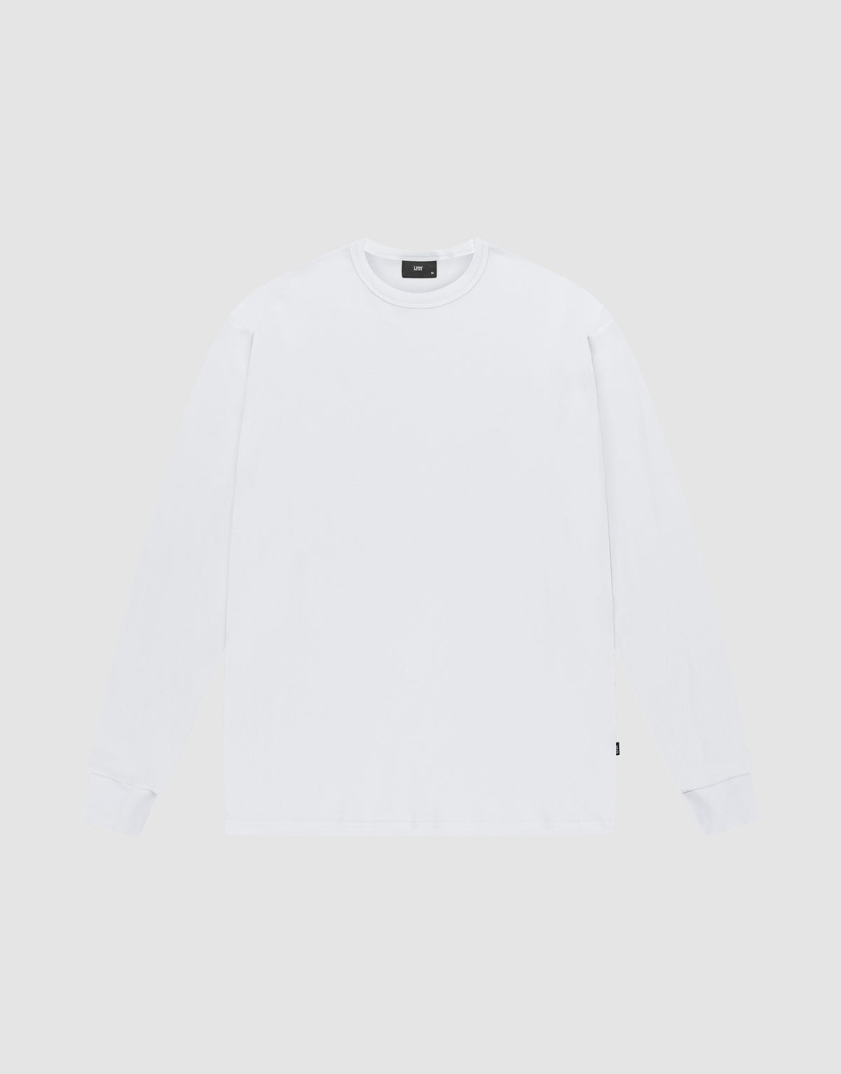 The LIVE FAST DIE YOUNG Basic Regular Rib Longsleeve is a plain white, regular-fit crew neck shirt with fine ribbed cuffs, shown laid flat on a light gray background. | plain