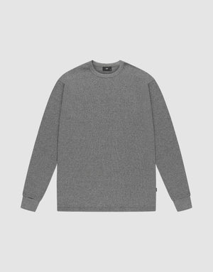 The LIVE FAST DIE YOUNG Basic Regular Rib Longsleeve is a plain gray, crew neck, cotton shirt with long sleeves. It features subtle ribbed cuffs and hem for a clean, simple look and is shown laid flat on a light gray background. | plain