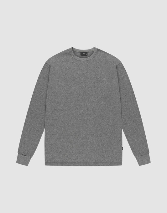 The LIVE FAST DIE YOUNG Basic Regular Rib Longsleeve is a plain gray, crew neck, cotton shirt with long sleeves. It features subtle ribbed cuffs and hem for a clean, simple look and is shown laid flat on a light gray background. | plain