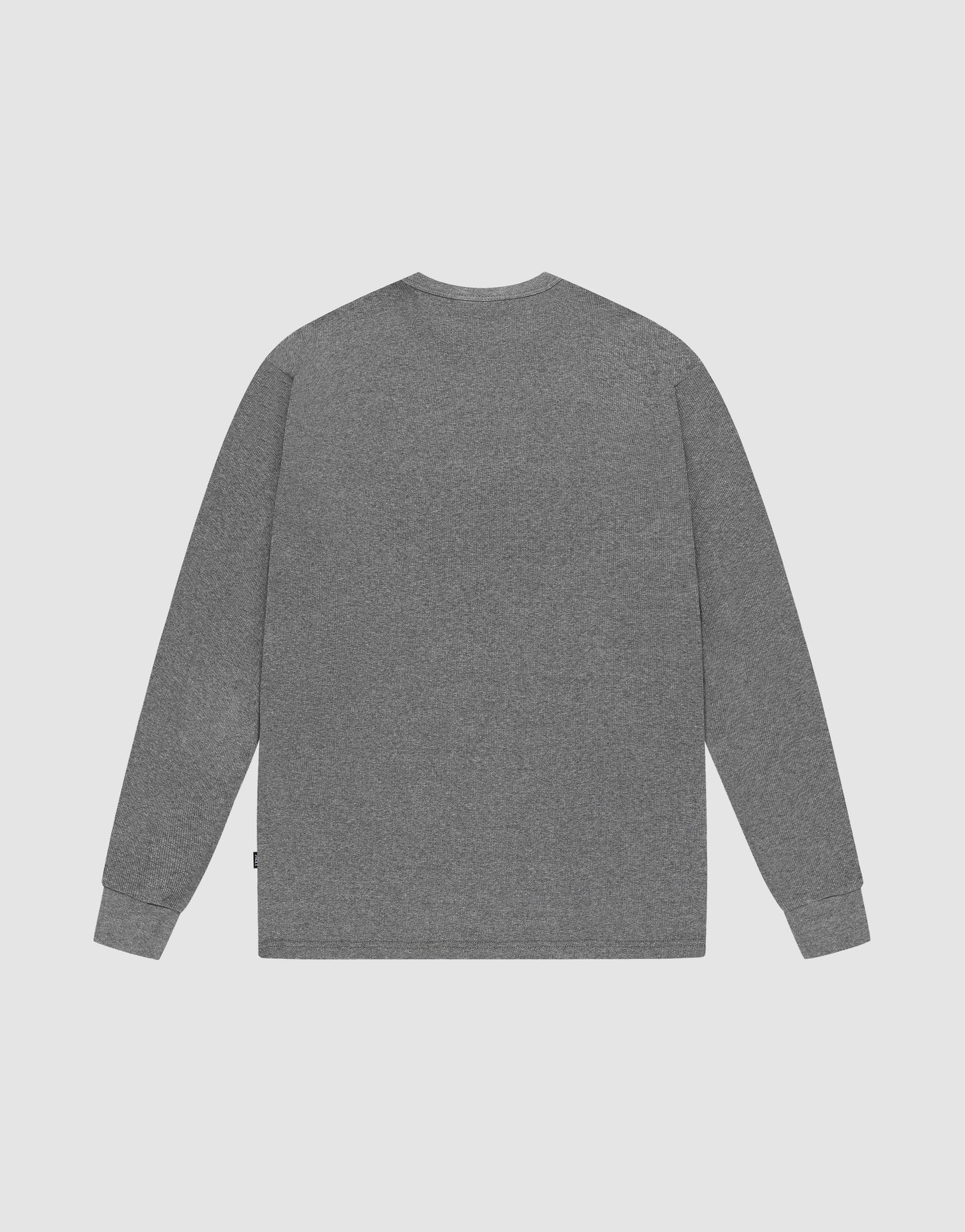 The LIVE FAST DIE YOUNG Basic Regular Rib Longsleeve in heather gray is shown laid flat, back view, on a light gray background. This regular fit shirt features soft Baumwolle and classic Ripp-Bündchen for timeless style.