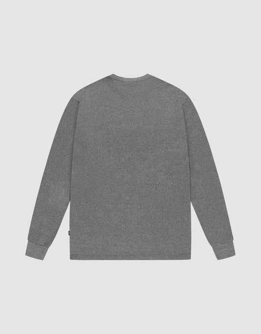 The LIVE FAST DIE YOUNG Basic Regular Rib Longsleeve in heather gray is shown laid flat, back view, on a light gray background. This regular fit shirt features soft Baumwolle and classic Ripp-Bündchen for timeless style.