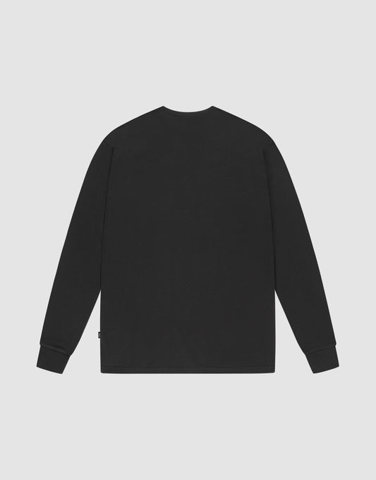 The LIVE FAST DIE YOUNG Basic Regular Rib Longsleeve in plain black is shown laid flat, back view. It features a regular fit, soft Baumwolle fabric, and has no visible logos or designs.