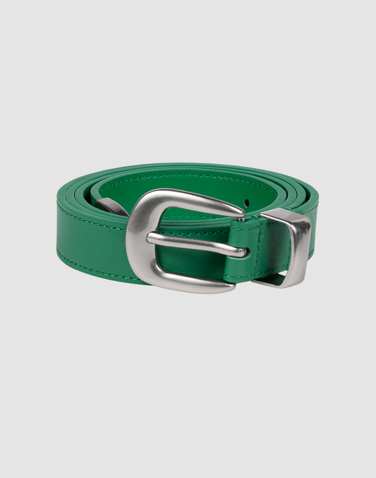 The LFDY Slim Belt by LIVE FAST DIE YOUNG, in green with a shiny silver buckle, model LF2606-20551, is rolled up and shown against a light gray background, highlighting its elegant design and impressive length.