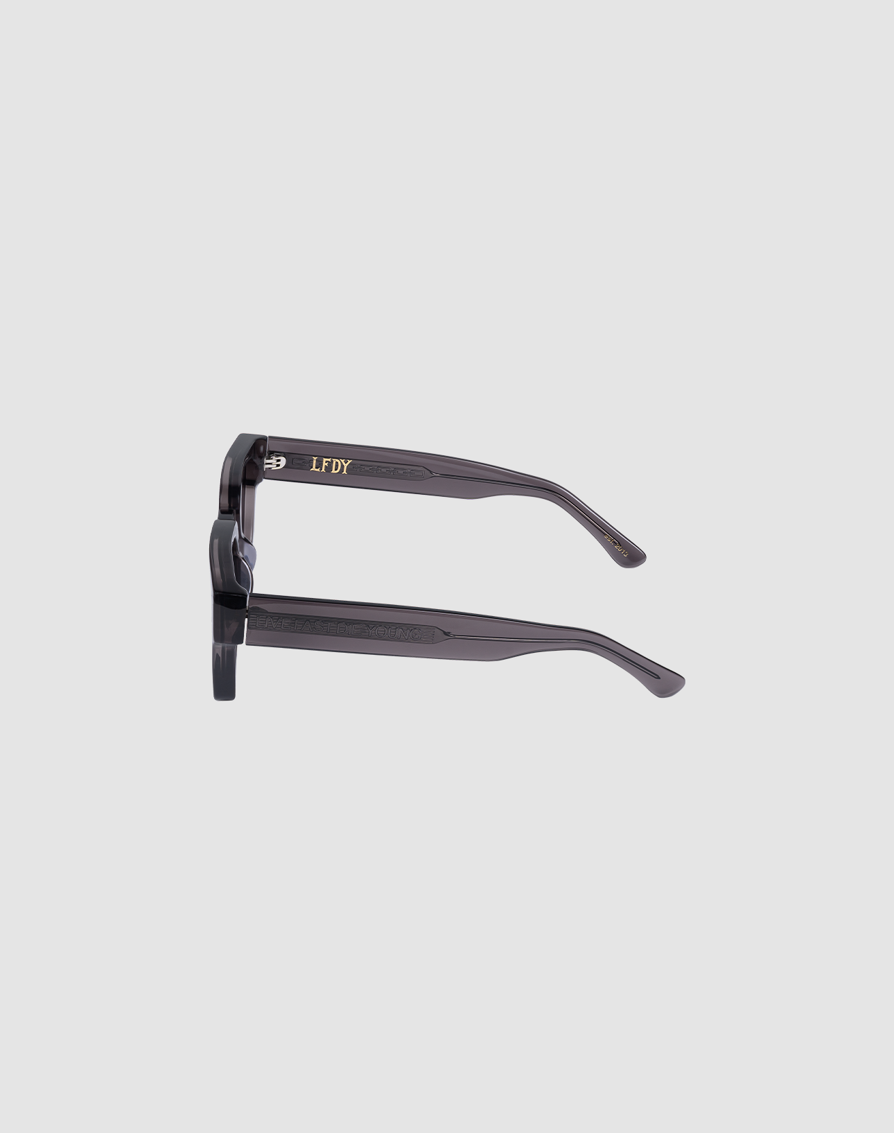 Side view of the LFDY Big Wire by LIVE FAST DIE YOUNG, black sunglasses with thick Mazzuchelli Acetate frames, gold LFDY lettering on the temple, and UV protection, shown against a plain light gray background.