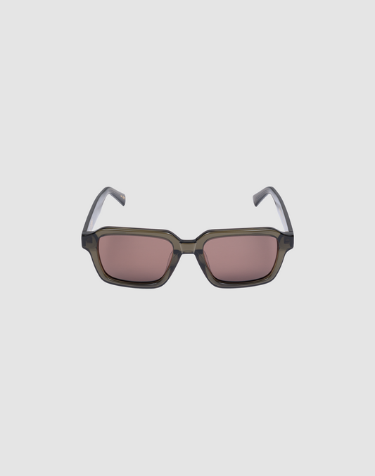 The LFDY Forma sunglasses by LIVE FAST DIE YOUNG feature rectangular dark olive green frames and pink-tinted lenses with subtle faceting, displayed against a plain light gray background.